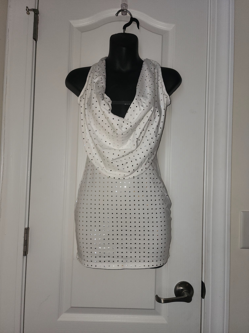 White Cowl Neck Rhinestone Studded Mini Dress